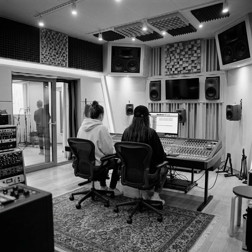 Two artists side by side at a recording studio console in warm daylight